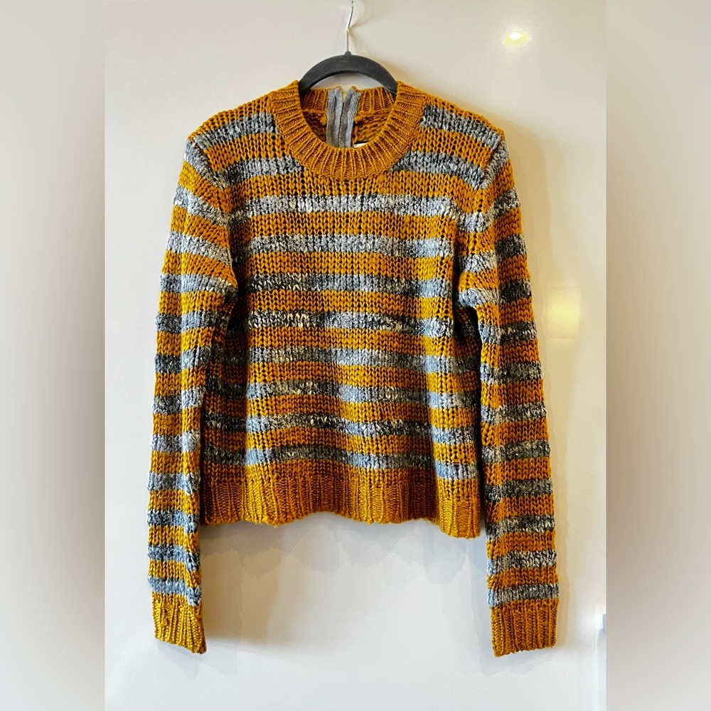 EUC Chic BY MALENE BIRGER Wool/Acrylic Colberta Stripe Sweater M Grey/Marigold